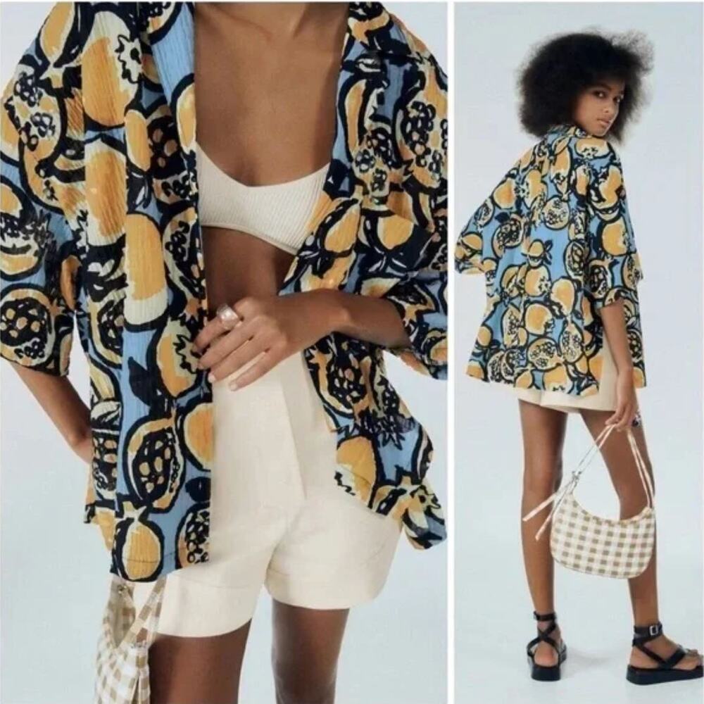 Zara Citrus Lemon Button Down Short Sleeve Top Size Small Capri Coastal Novelty